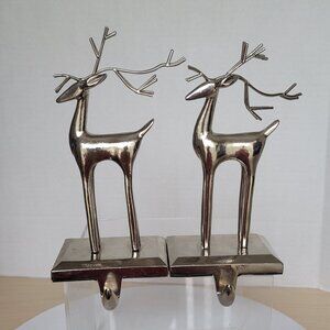 Reindeer Christmas Silver Tone Stocking Holder Hanger Mantel Decoration Set of 2